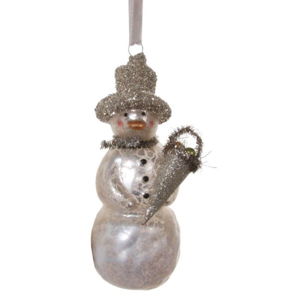 Стеклянный снеговик белый с блестящей шляпой 16 см 49283 SHISHI