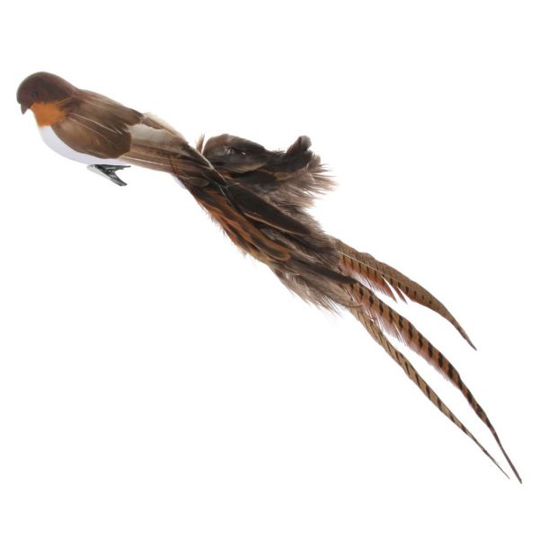 Птица с зажимом смешанный хвост из перьев коричнево-белый 70 см 51238 SHISHI