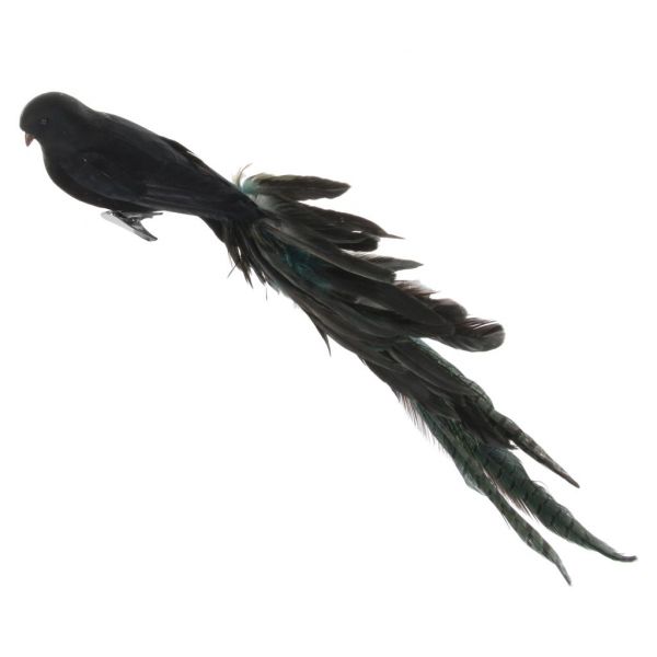 Птица с зажимом смешанный хвост из перьев черно-зеленый 50 см 51244 SHISHI