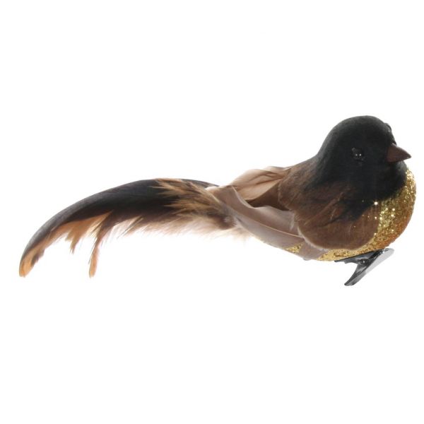 Птица с зажимом золотой блеск коричневое перо 17 см 51252 SHISHI