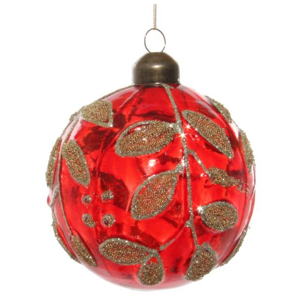 Стеклянный шар прозрачный красный ж/золотой шарик листья 8 см 54078 SHISHI