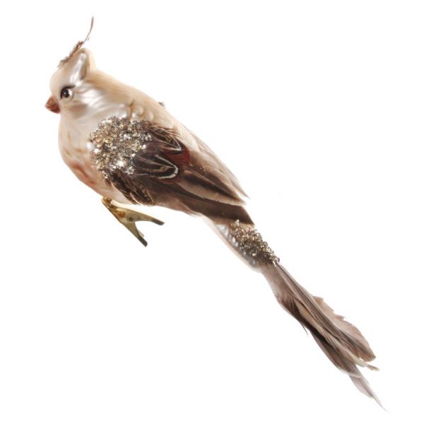 Стеклянный коврик для птиц бело-золотисто-коричневый хвост из перьев и корона на клипсе 26 см 55552 SHISHI