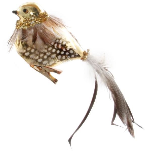 Стеклянная птица блестящий золотой хвост из перьев и ожерелье на клипсе 20 см 55553 SHISHI