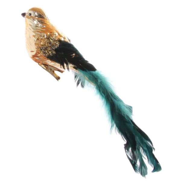Стеклянная птица блестящий золотой длинный сине-зеленый хвост из перьев на клипе 26 см 55567 SHISHI