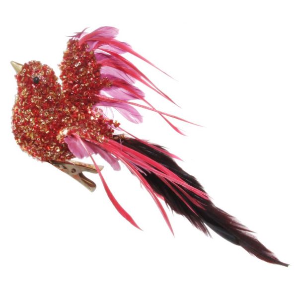 Перо птицы украшенное бисером тело красные крылья и хвост на клипе 21 см 55578 SHISHI