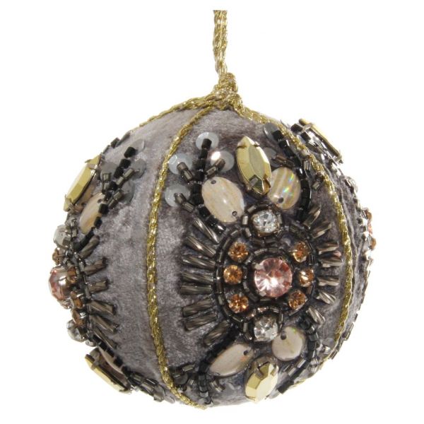 Бархатный шар серая цветочная вышивка бисером 7,5 см 55889 SHISHI