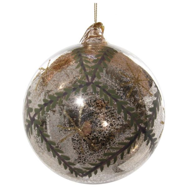 Стеклянный шар античное серебро с нарисованной пихтой и блестящими звездами 10 см 56851 SHISHI