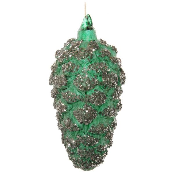 Стеклянная шишка прозрачная матовая зеленая засахаренная с серебром 5x11 см 58214 SHISHI