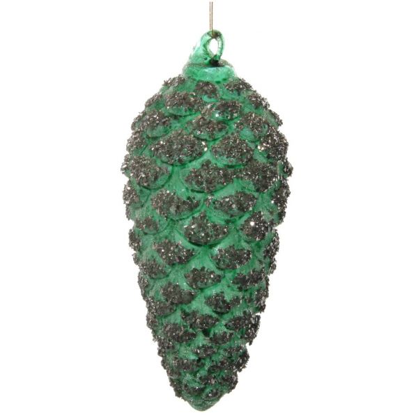 Стеклянная шишка прозрачная матовая зеленая засахаренная с серебром 6x14 см 58215 SHISHI