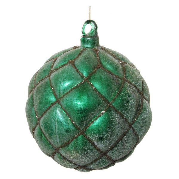Стеклянный бархатный шар зеленый засахаренный с золотыми линиями 12 см 58243 SHISHI