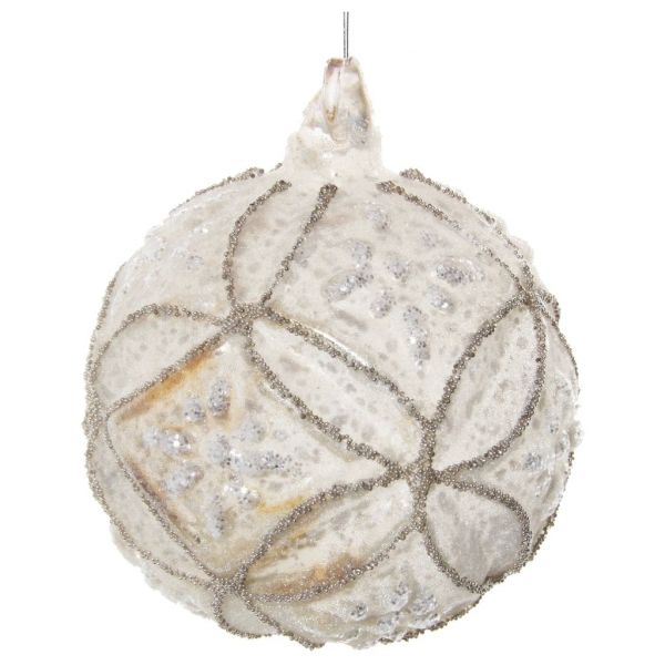 Стеклянный цветочный шар античный коврик белый засахаренный с бисером 8 см 58309 SHISHI