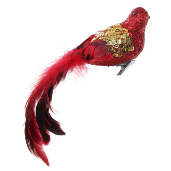Перо птицы красный блеск золотые блестки с красным хвостом 22 см 58454 SHISHI