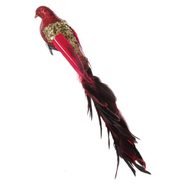 Перо птицы красный блеск золотой блесток с красным хвостом 40 см 58455 SHISHI