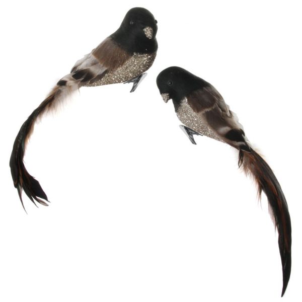 Перо птицы серебряный стеклянный блеск коричневый хвост mix2 22 см 58459 SHISHI