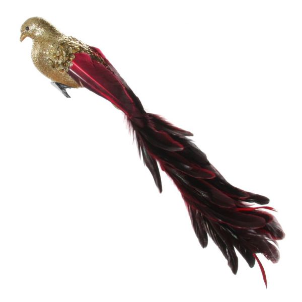 Перо птицы золотой блеск-блестки тело красный хвост 40 см 58468 SHISHI