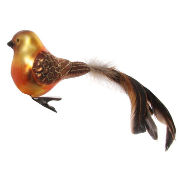 Стеклянная птица оранжево-коричневого цвета с хвостом из перьев 20 см 58472 SHISHI