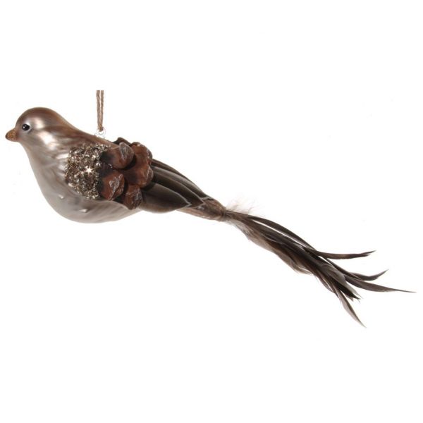 Стеклянная птица коричневого цвета с чешуей из сосновой шишки и перьями 25 см 58476 SHISHI