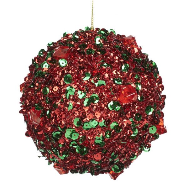 Елочный шар с разноцветными бисером красный с зеленым 10 см AL 70204 GOODWILL