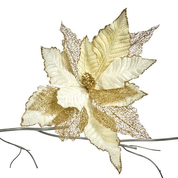 Искусственный цветок кремовой пуансетии с золотыми блестками на клипсе 52 см FL 18017 GOODWILL