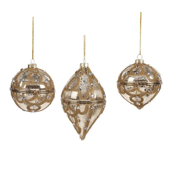 Набор 3 золотых елочных шара с блестящим декором 10 см P 32046 GOODWILL