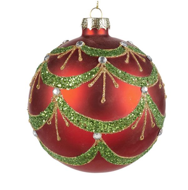 Красный елочный шар с зелеными ветками и золотым декором 10 см P 32214 GOODWILL