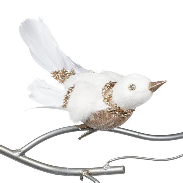 Елочное украшение подвеска белая лесная птичка с золотым декором 24 см T 76476 GOODWILL
